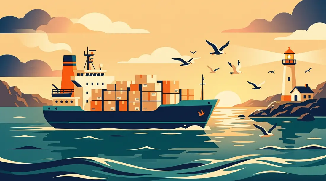Illustrated cargo ship loaded with parcels sailing past a lighthouse at sunset